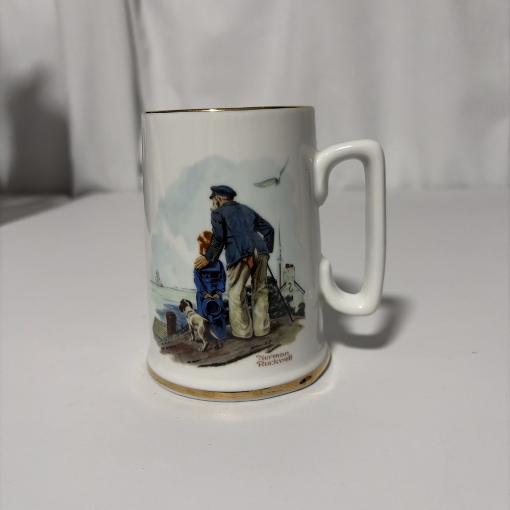 Norman Rockwell Looking Out to Sea Ceramic Coffee Mug Vintage Japan White Gold